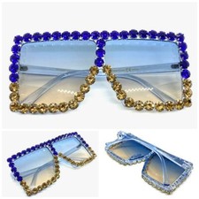 Oversized Retro Shield SUN GLASSES Big Frame Lens Large Blue  Gold Rhinestones