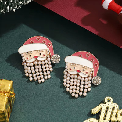 Christmas Santa Claus Earrings   Pearl Beard Holiday Cute Festive Jewelry Gift