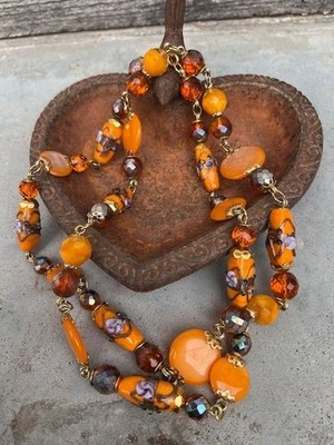 Collie Perlen Murano Glas Lampwork Sprung orange vergoldet 102 cm
