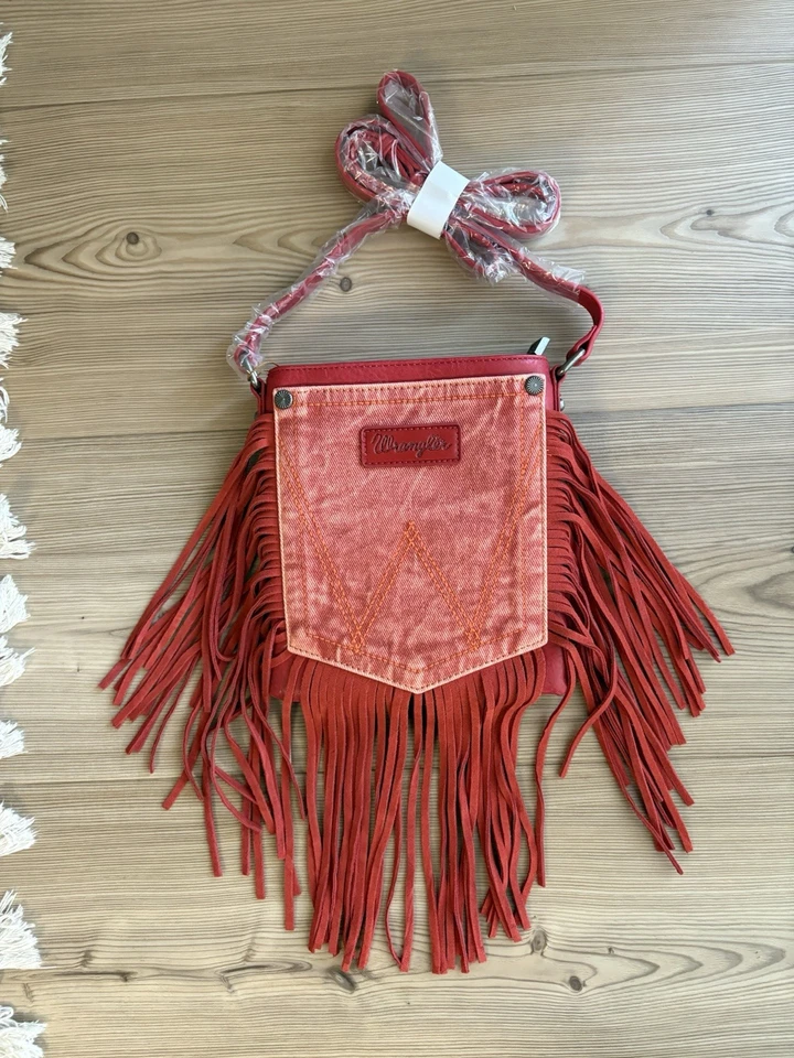 Bolso Bandolera Wrangler Para Mujer Bolsillo Flecos Cartera Naranja/Rojo Nuevo con Etiquetas Western Aztec Foto 3 de 4