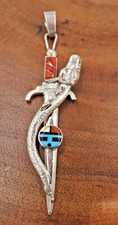 Native American Zuni Don Dewa Sterling Silver Red Coral Pendant Dragon Sunface
