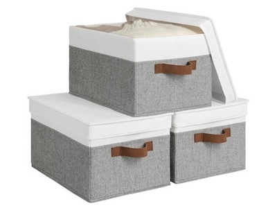 3 PCS Gray White Decorative Storage Boxes PU Handles Foldable Bins With Lids