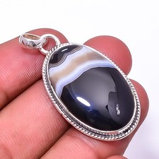 Black Banded Agate 925 Sterling Silver Pendant 1.76" P2 for her, Christmas
