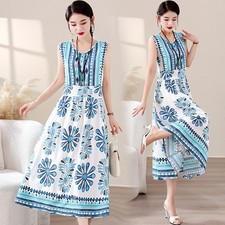 Women Summer Dress Sleeveless Boho Midi Floral Print V Neck A Line Sundress