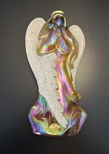 Fenton Iridescent Autumn Gold Amber Carnival Glass Angel Figurine Coralene Wings