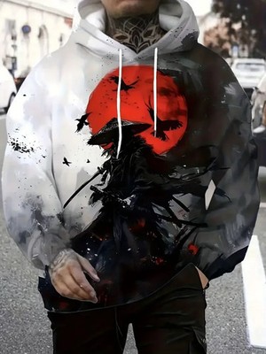 Samurai Warrior Red Sun 3D Hoodie Streetwear Graphic Japanese Style Pullover
