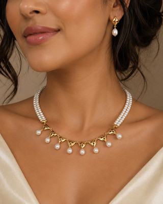 Modern Seed Pearl Diamond 18K Yellow Gold Plated Necklace Earrings Jewelry Set