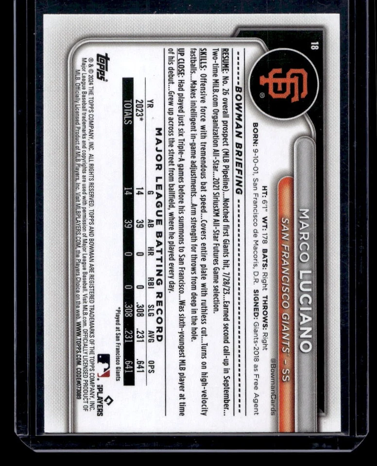 2024 Bowman #18 Marco Luciano Blue #/150 - Image 2 of 2