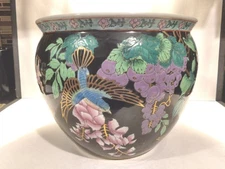 LARGE ORIENTAL CHINESE PORCELAIN JARDINIERE KOI FISH PLANTER BOWL 10" X 12"