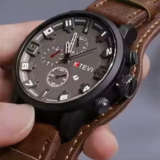 Mens Classic Retro Quartz Watch Big Dial Leather Strap Military Date Watch