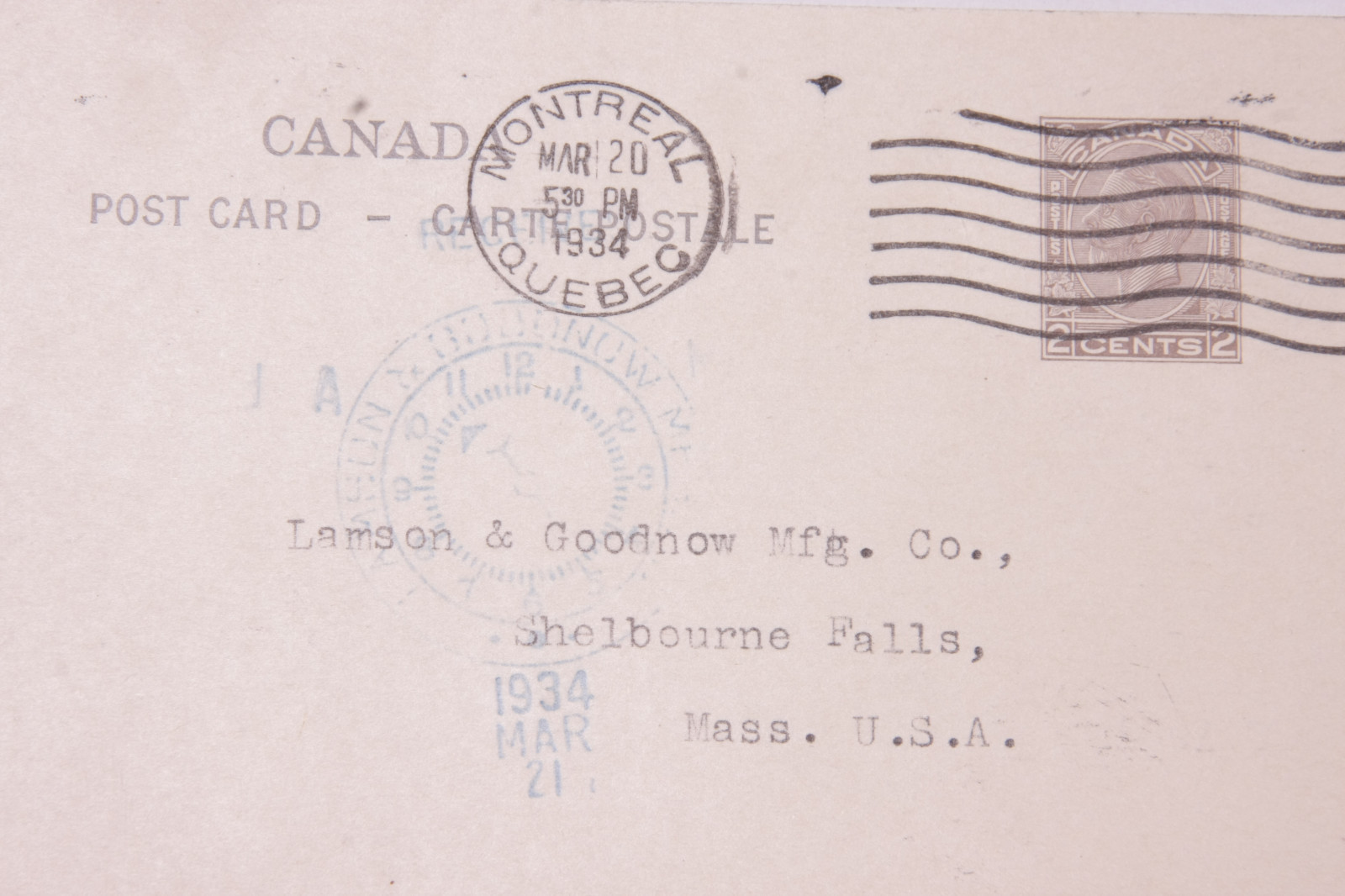 1934 Lamson Goodnow Imperial Distributors Montreal Canada Post Cd