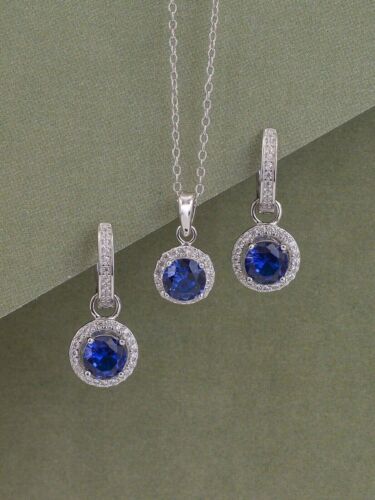 Round Cut Blue Sapphire 3Ct Lab Created Women Necklace Set 14K White Gold Plated - 第 1/5 張圖片