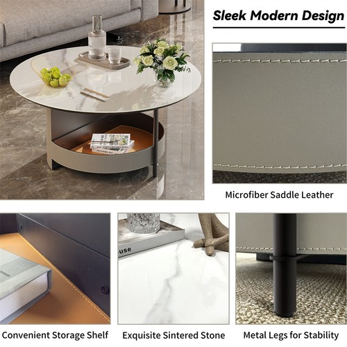 6 Styles Luxury Leather Sofa Side Table Sintered Stone Top Accent Table Home Dec - Picture 40 of 79