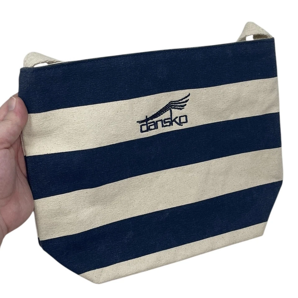 Bolso Bandolera Dansko Crema y Azul Marino Rayas Lona Cartera Botón a Presión Náutico Foto 3 de 4