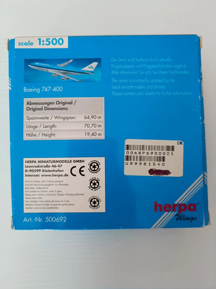 Modellino aereo Boeing 747-400 KLM - Herpa 1:500 - Immagine 2 di 4