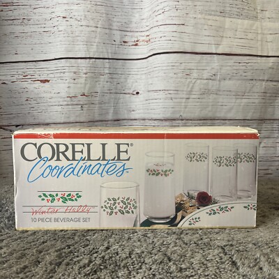 Vntg Corelle Coordinates WINTER HOLLY Drinkware Set 10 TUMBLER Christmas Glasses