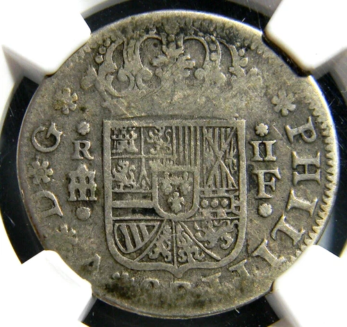 Spain 1723/2-F 2 Reales Segovia  6 Petal Roses Unlisted Overdate NGC F-12 (05-11