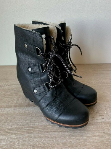Sorel Joan of Arctic Wedge Mid Shearling Boot Black 10 Snow Lace Up Waterproof - Picture 2 of 8