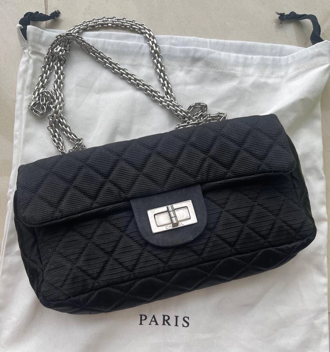 CHANEL 2.55 Shoulder Bag Single Flap Black Cotton Quilted Silver