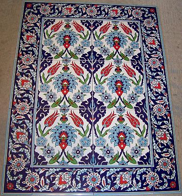 32''x24'' Turkish Iznik Carnation & Daisy Pattern Border Ceramic Tile Mural Panel