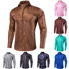 Mens Shirt Long Sleeve Button Down Red Gold Black Shirts Casual Tops