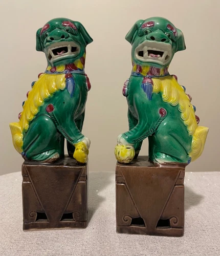 Antique 19th C. ??Foo Dog Statue Porcelain Chinese Fu Lion Pair Guardian 8” Tall