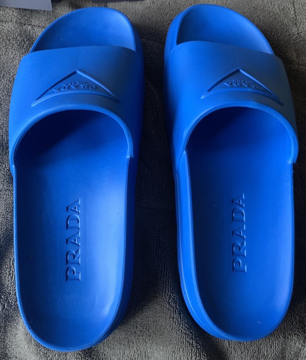 New Prada Made In Milano Italy Blue Rubber Pool Slides
