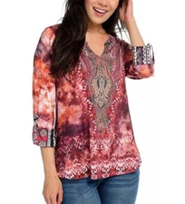 NEW - One World Micro Jersey Knit Tab Sleeve Embellished Notch Neck Hi-Lo Top