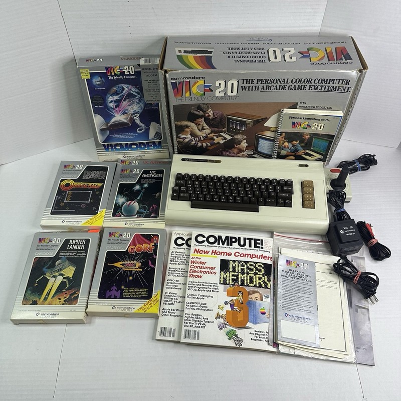 Vic 20 Commodore Computer In Box W/ Games, Joystick, Cables, Extras WORKING