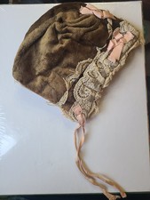 Antique Victorian Silk Velvet Baby Bonnet w/ Lace Trim  Pink Ribbons c1880s