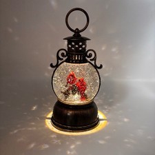 Cardinal Lantern Lighted Motion Glitter Christmas Snow Globe Birds Bronze Look