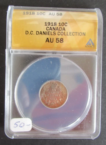 1918 SILVER 10 CENTS ANACS GRADED AU58 CANADIAN DIME