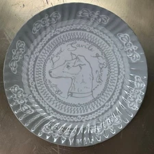 Anthropologie Greyhound Dog Plate Gray White ribbed 8.5”