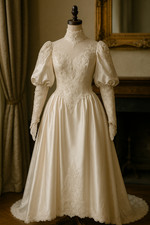 Vintage 1980s Ivory Satin Lace Pearl Wedding Dress Eve of Milady