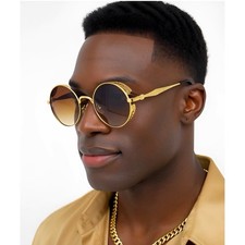 Round Steampunk Sunglasses Gold Frame Brown Lens Side Shield Men's Festivl Shade