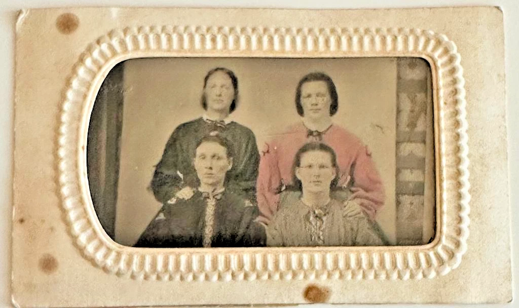 Rare 1860s Gem Tintype Portrait 4 Women | Victorian Paper Frame "Gift List" Back