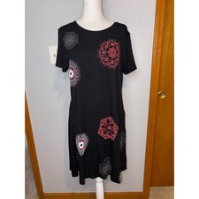 Desigual Black Embroidered Mandala Boho Shift T-Shirt Dress Size L Short Sleeve