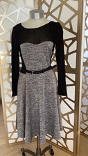 Suzi Chin for Maggy Boutique Grey Black Fit Work Office Dress 6 midi long sleeve