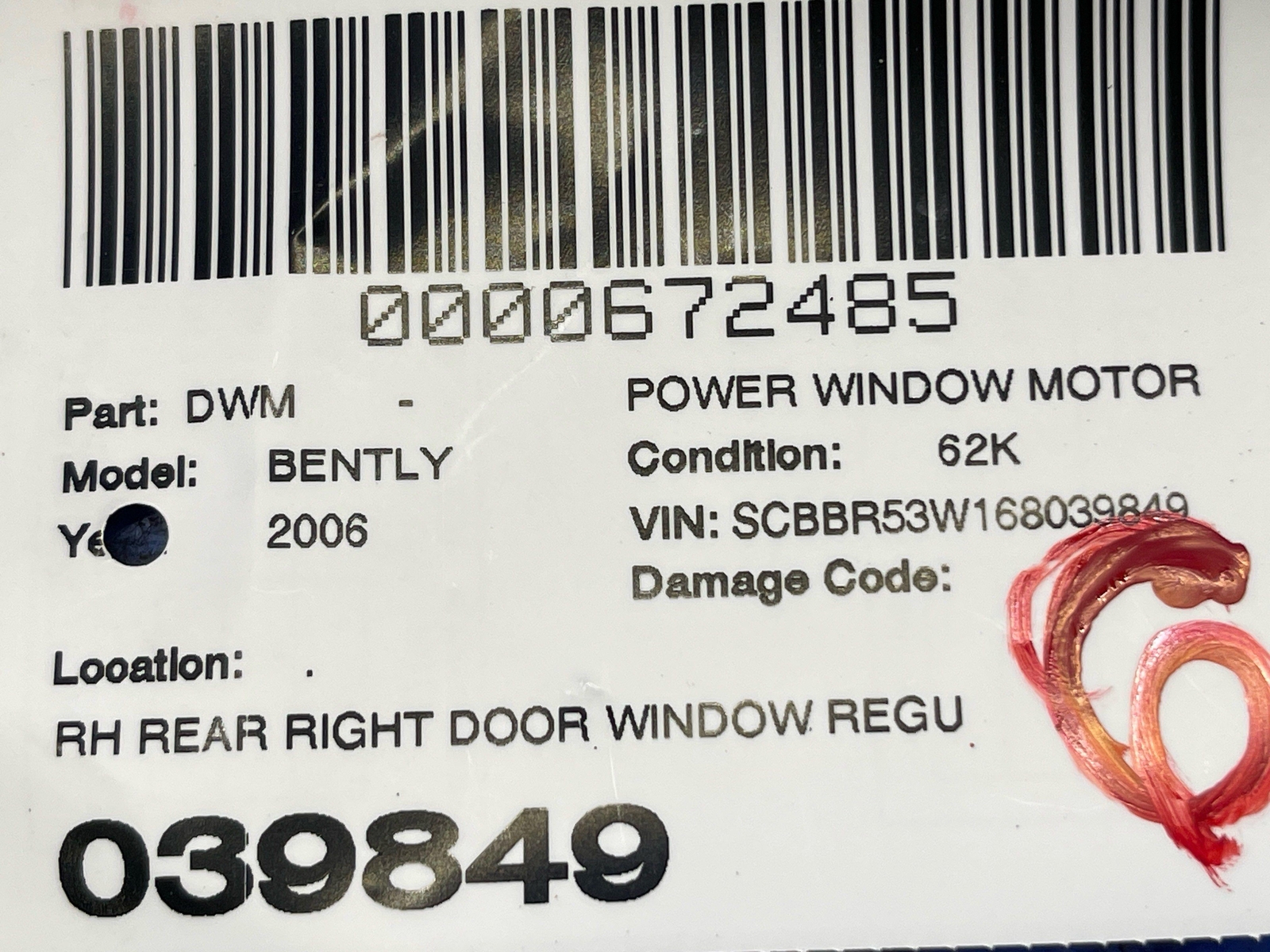 2006-2012 BENTLEY CONTINENTAL FLYING SPUR REAR RIGHT DOOR WINDOW REGULATOR MOTOR