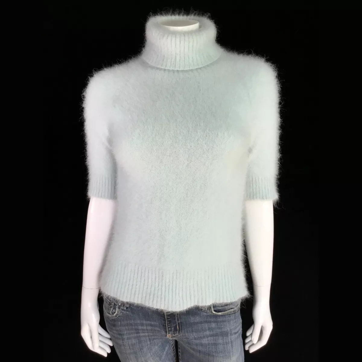 70 Angora Fuzzy THE LIMITED Blue Short Sleeve Turtleneck Sweater 34 in bust