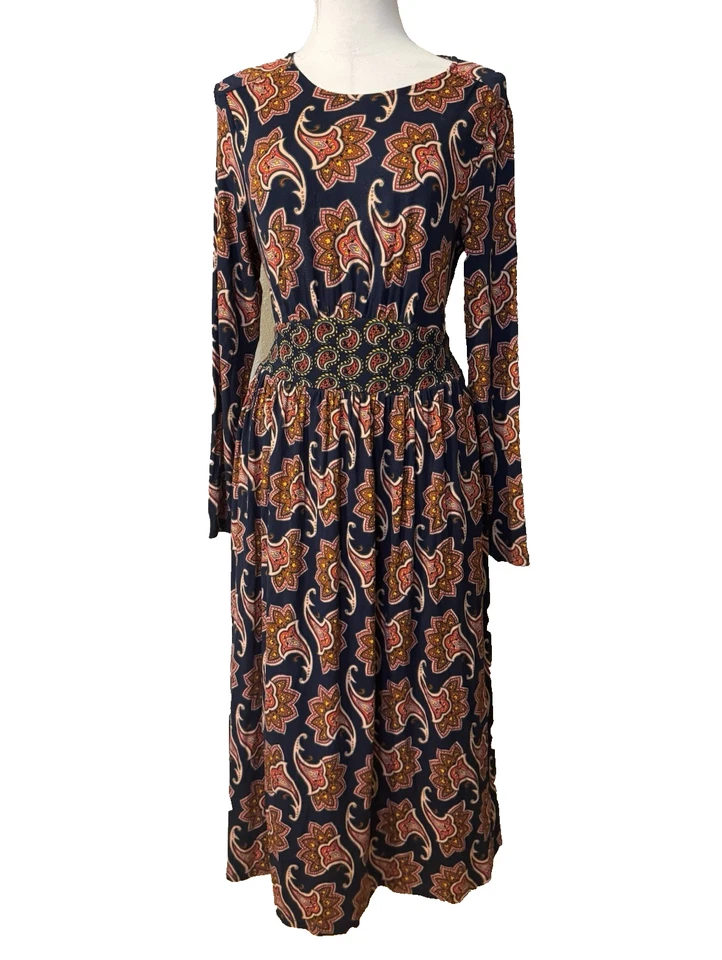 Vestido Boden Thea Midi US 8 R Rosa Azul Naranja Manga Larga Elástico Lavable Foto 2 de 4