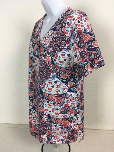 Barco Womens Scrub Top Size S White Blue Red Hearts Cherries Pockets V neck - Picture 6 of 14
