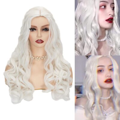Long Curly White Blonde Wig for Girls Queen Wigs Adult Halloween Cosplay Costume