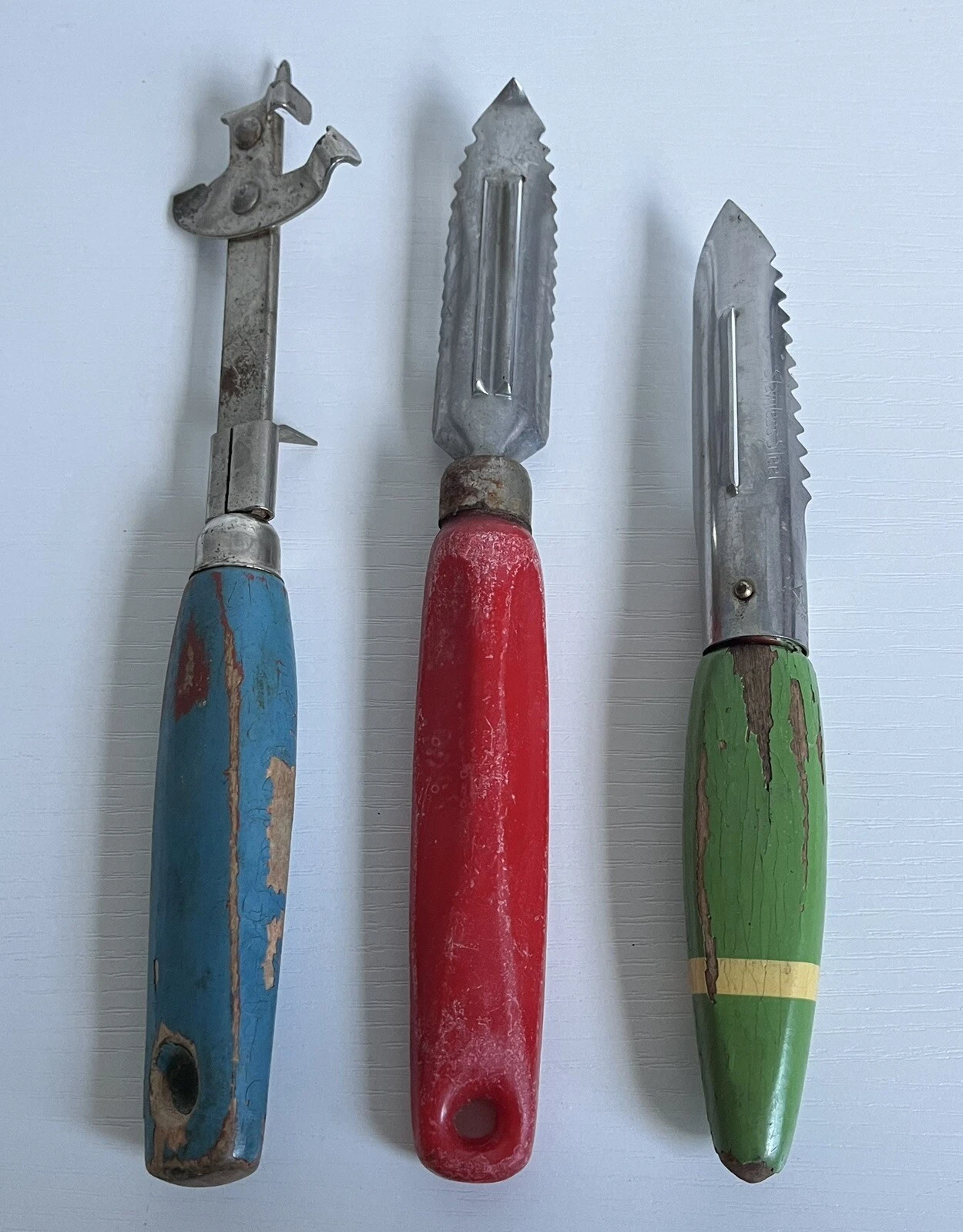 Vtg Stainless Steel Peelers Corer Serrated Blade & Bottle Opener w/ Wood Handles