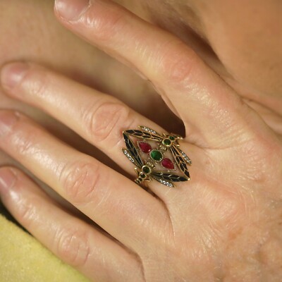 Bague Réglable Art Nouveau Libellule - Émail Violet, CZ Vert, Dorée Antique - Réalisée à La Main