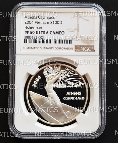 RARE! VIETNAM 100 DONG 2004 FISHERMAN ASIA Olympics Silver NGC PF69 ULTRA CAMEO
