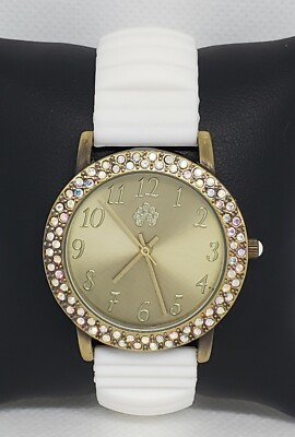 Ladies Wall Flower Jeans White Rubber Band Rhinestone Bezel Analog Watch E1
