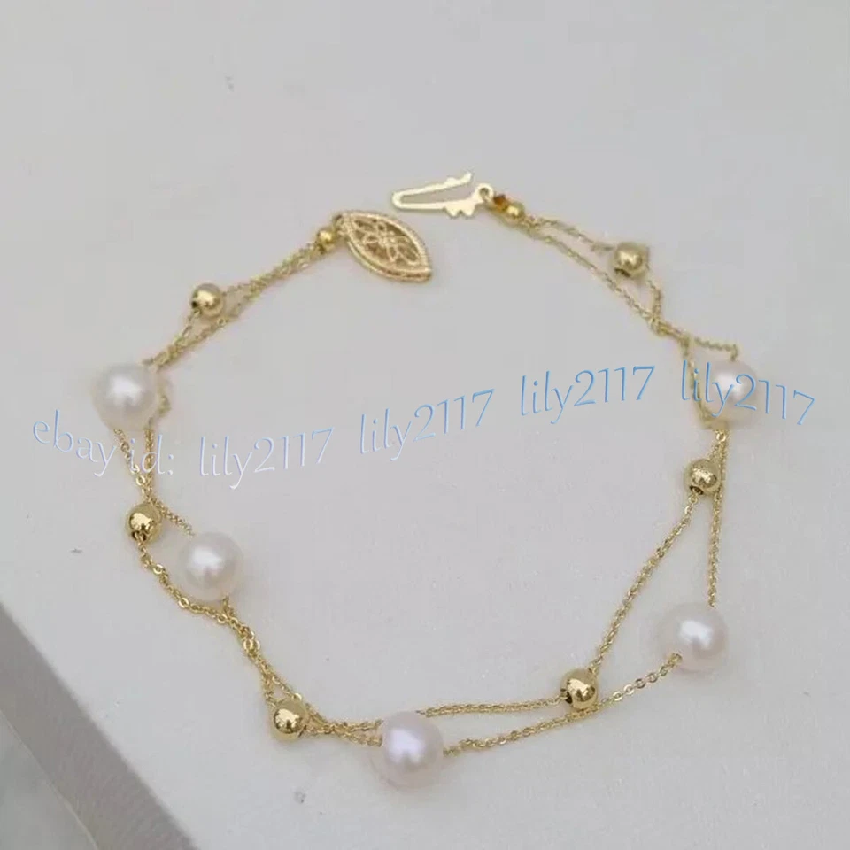 Brazalete de cadena de oro con perlas blancas naturales del Mar del Sur de 7-8 mm cierre de oro de 7,5-8"" 14 k Foto 2 de 4