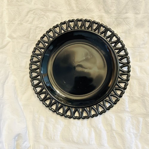 Vintage Black Opaque Milk Glass With Heart Shape Lace Edge 7 " Round Plate - Picture 3 of 6
