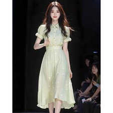 Womens Summer French Long Skirt Thin Light Green Short Sleeve A-Line Party Dress